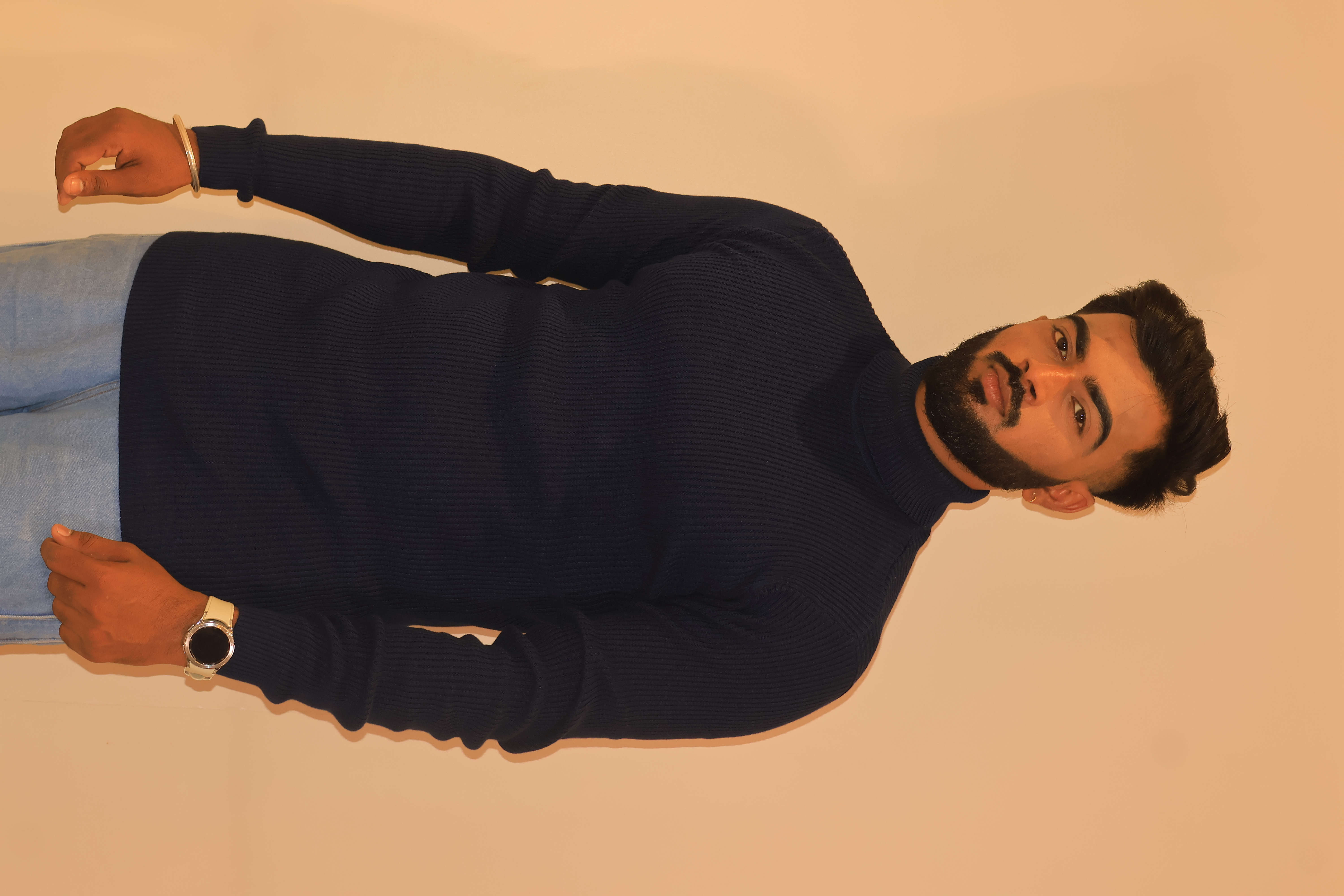 Men Striped Turtle Neck Dark Blue Sweater