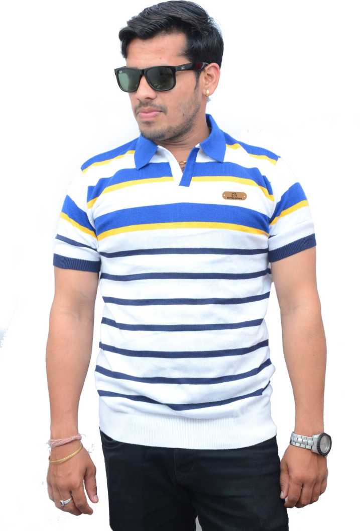 Men Striped Polo Neck Cotton Blend Multicolor T-Shirt