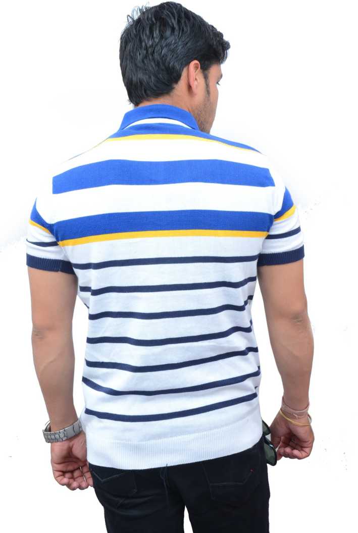 Men Striped Polo Neck Cotton Blend Multicolor T-Shirt