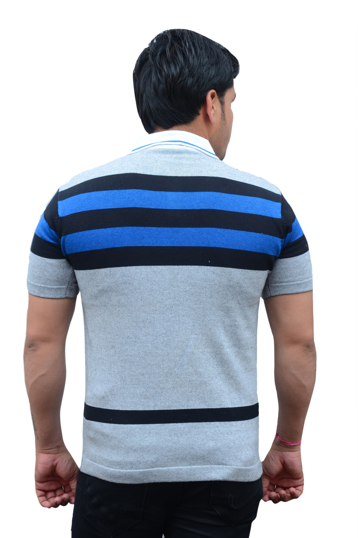 Striped Self Design Polo Collar Short Sleeves T-shirt