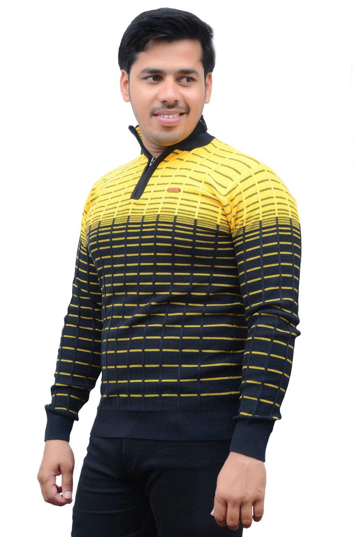 Men Self Design High Neck Cotton Blend Dark Blue, Yellow T-Shirt