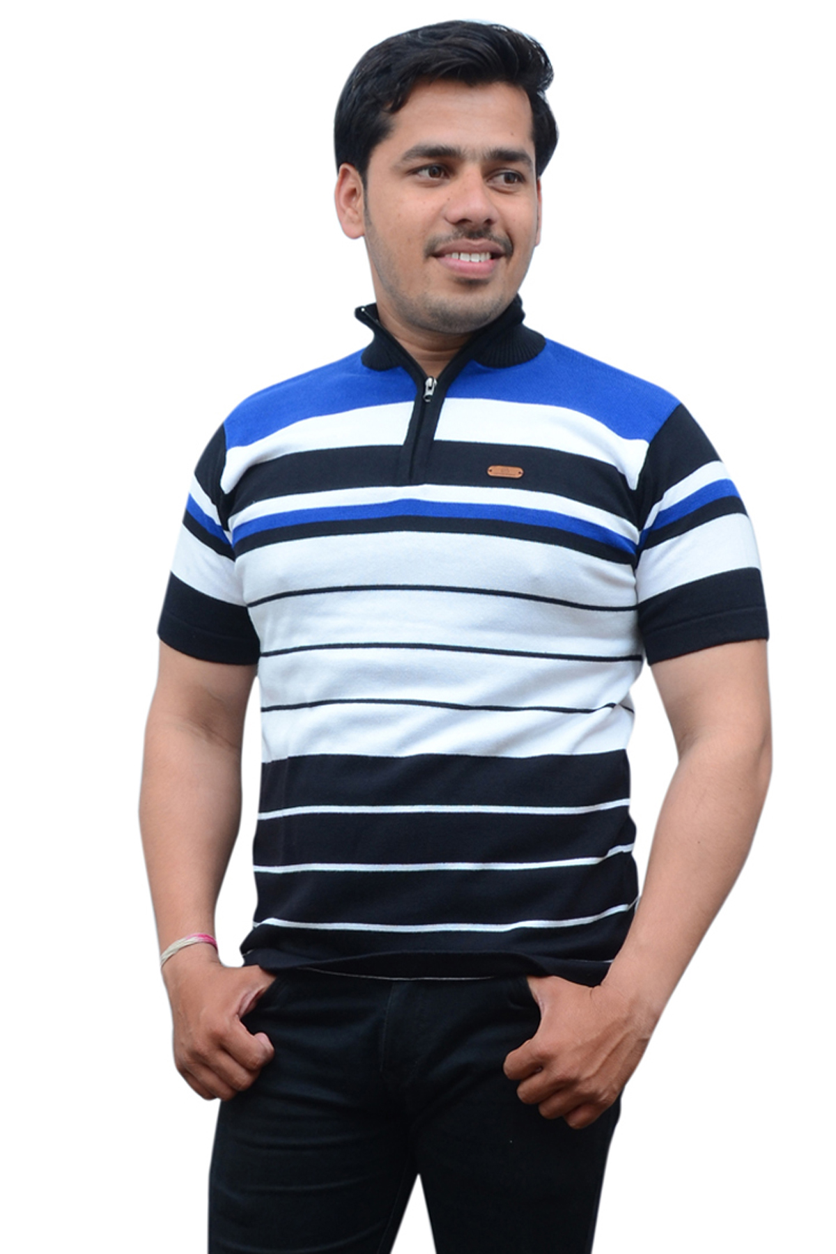Men Striped High Neck Cotton Blend Multicolor T-Shirt