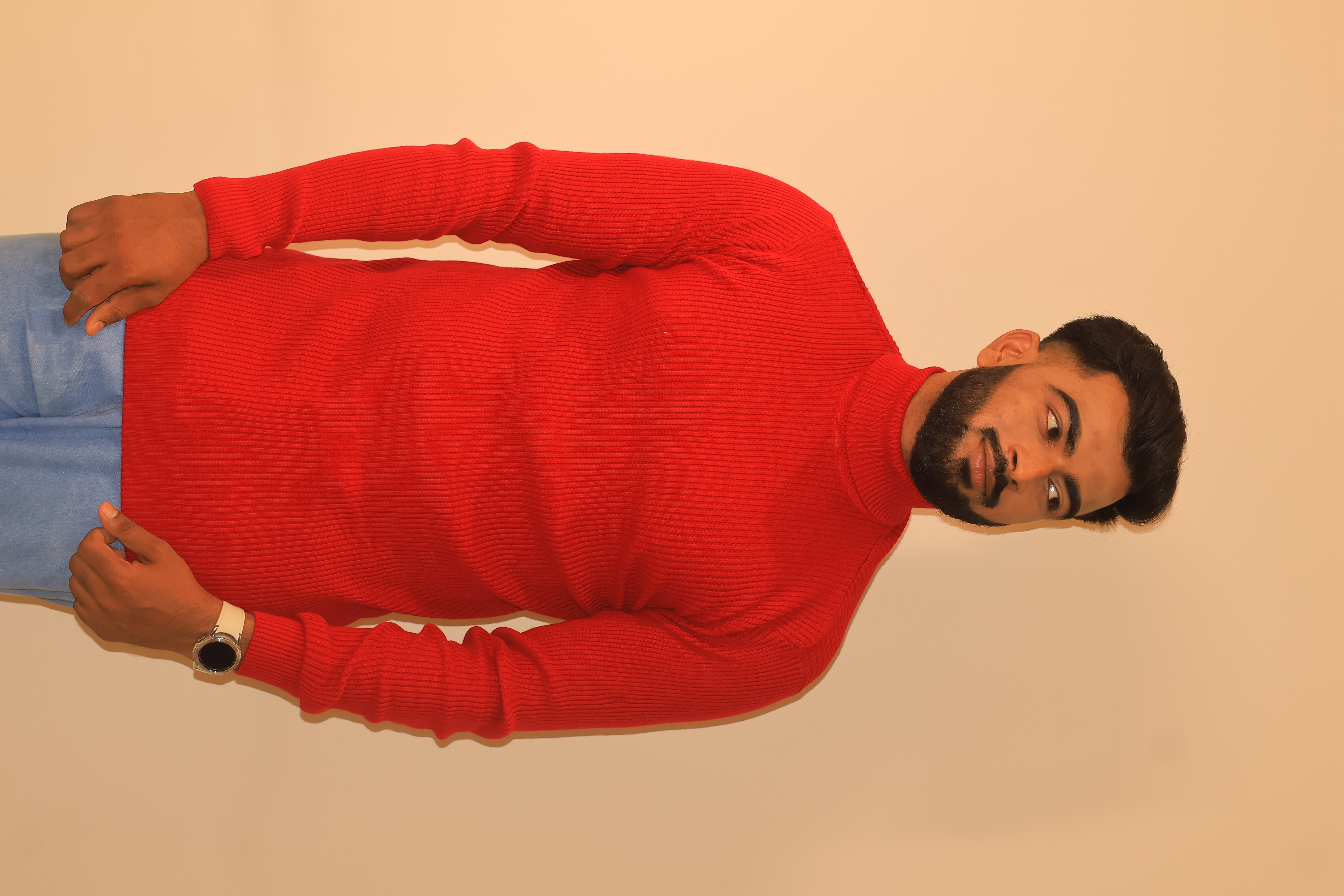 Men Self Design Turtle Neck Cotton Blend Red T-Shirt
