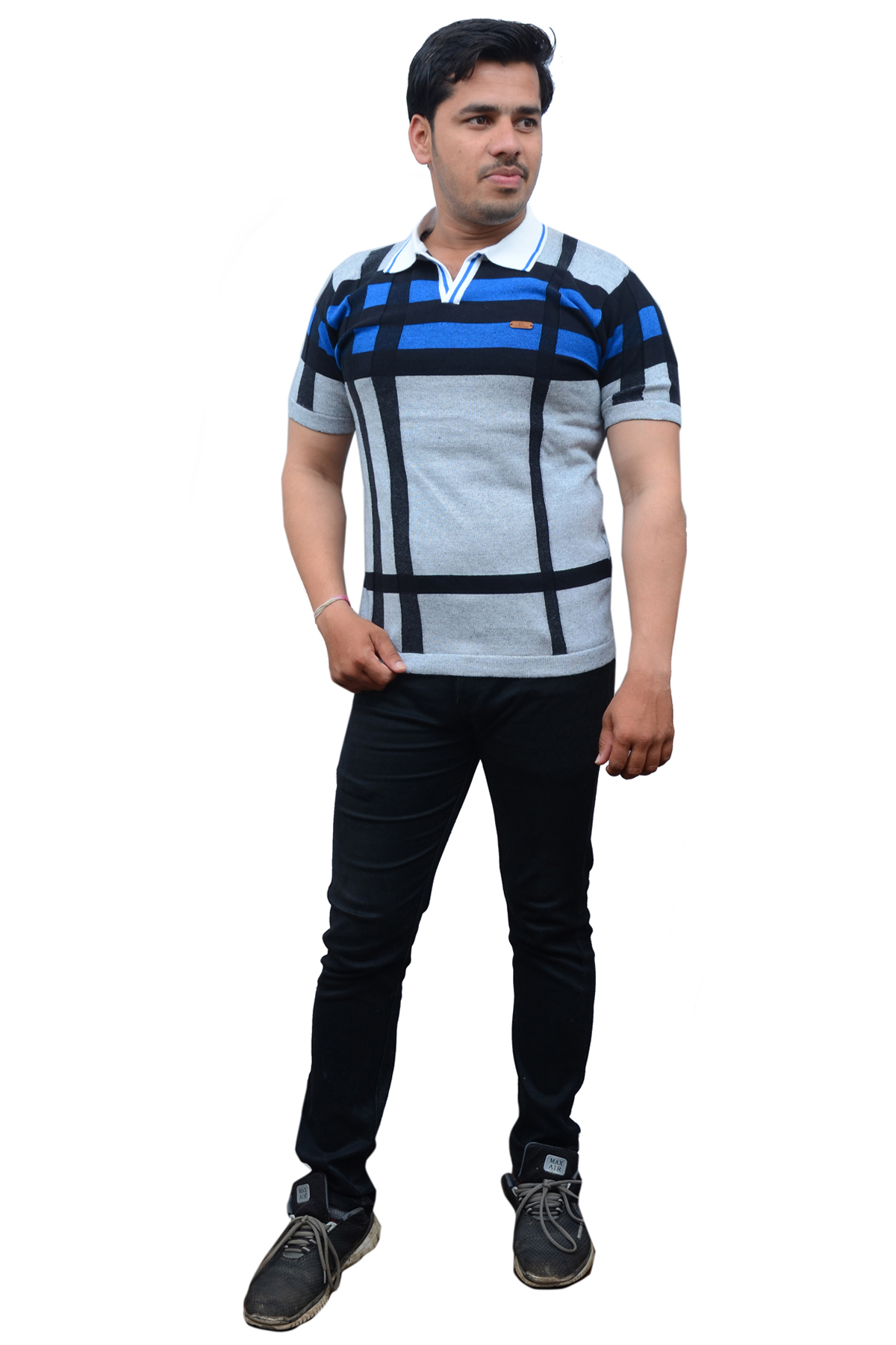 Striped Self Design Polo Collar Short Sleeves T-shirt