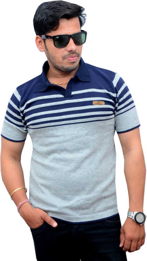 Men Striped Polo Collar Cotton T-shirt