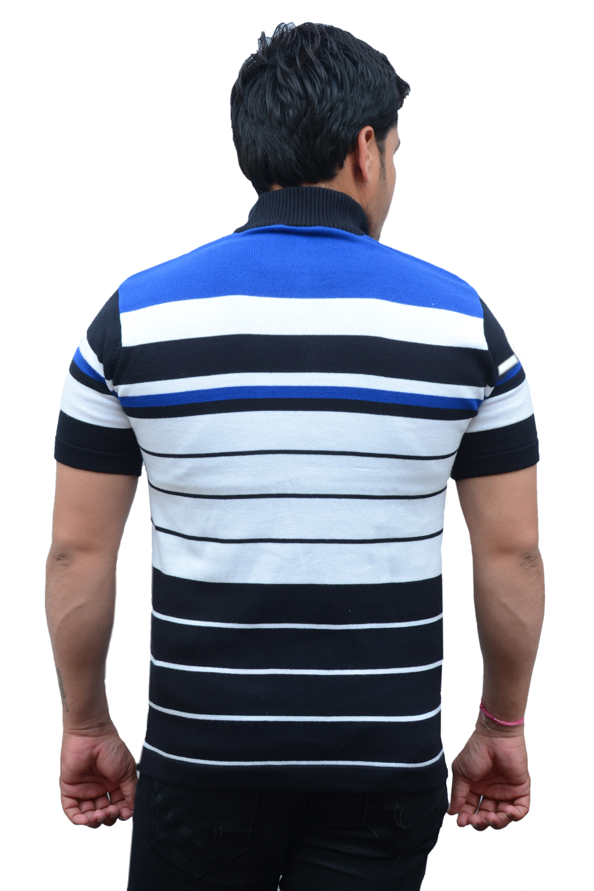 Men Striped High Neck Cotton Blend Multicolor T-Shirt