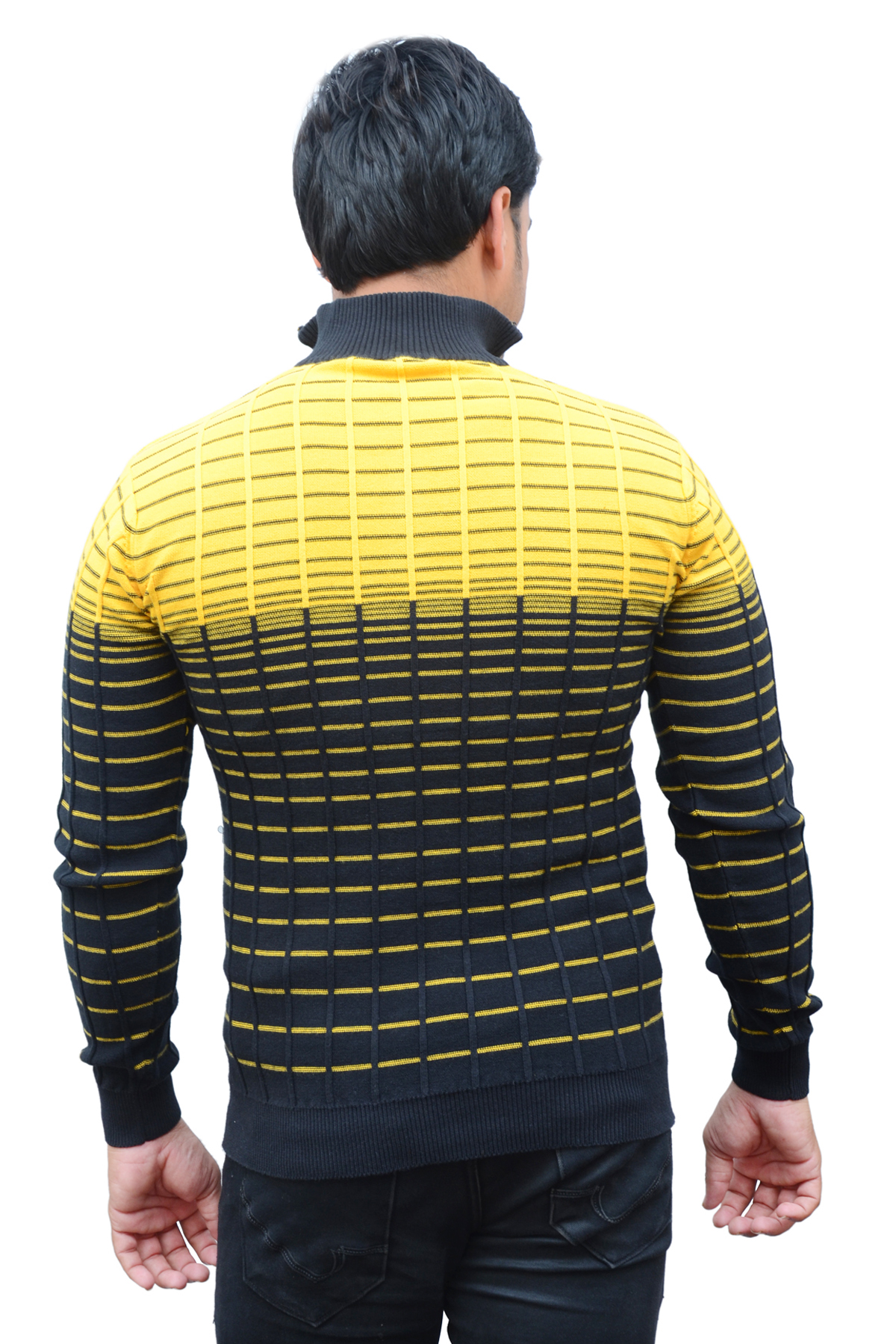 Men Self Design High Neck Cotton Blend Dark Blue, Yellow T-Shirt
