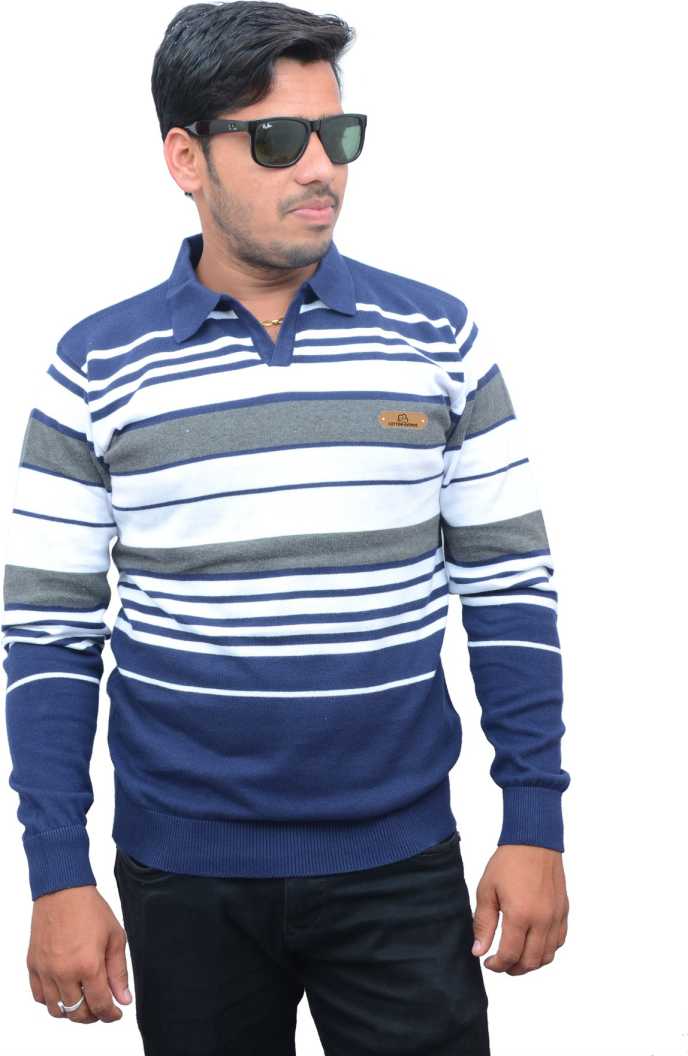 Men Striped Polo Neck Cotton Blend Multicolor T-Shirt