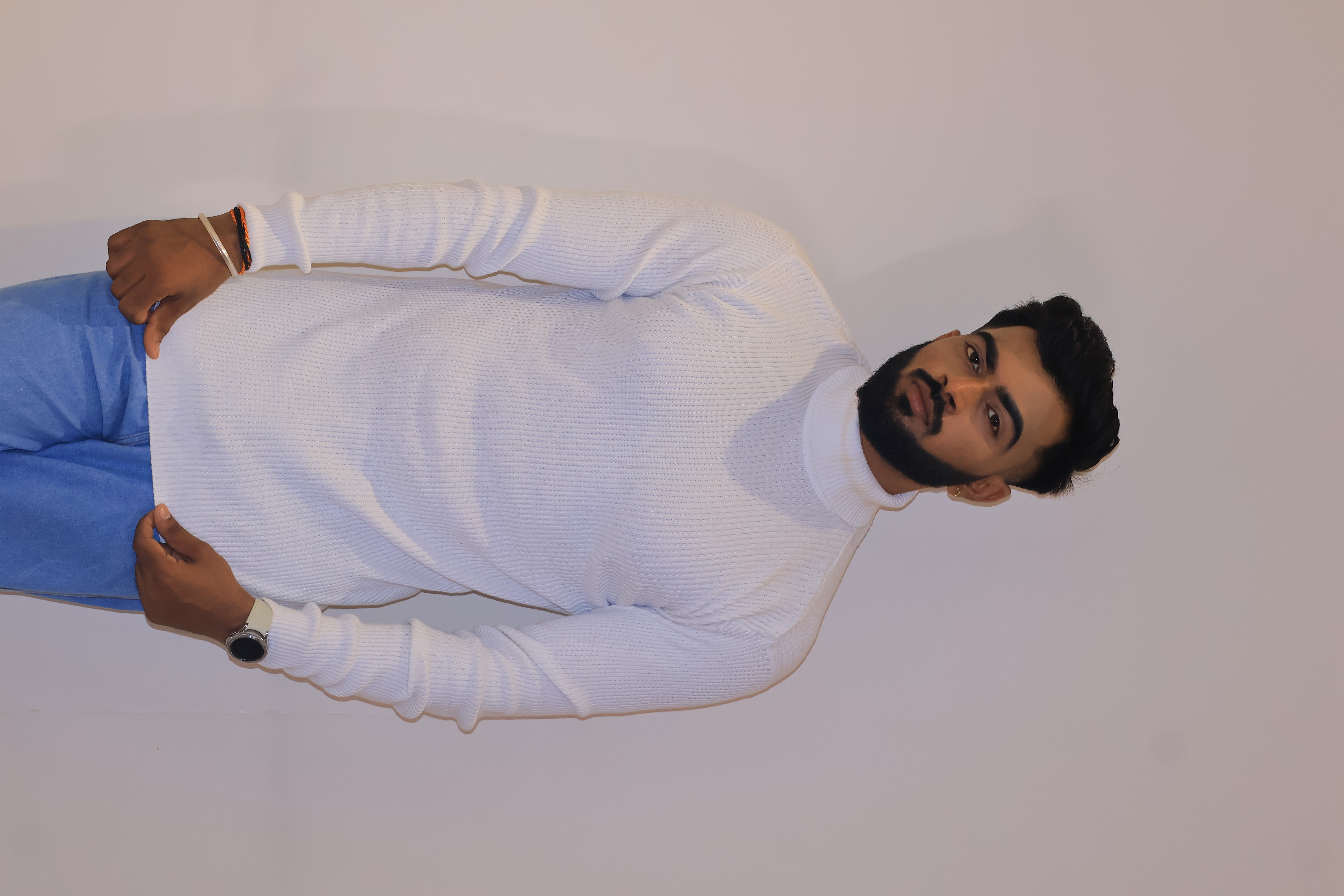 Men Striped Turtle Neck Cotton Blend White T-Shirt